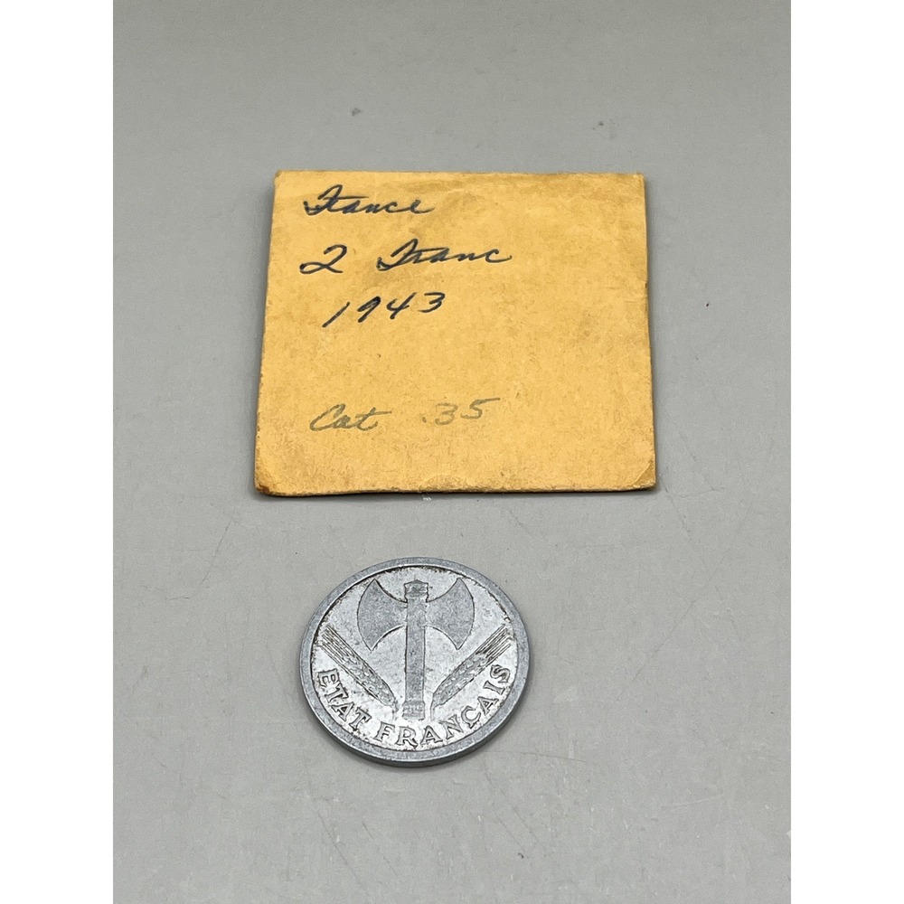 Vtg‎ France 1943 2 Francs Coin Vichy Etat Francais WWII Aluminum Currency